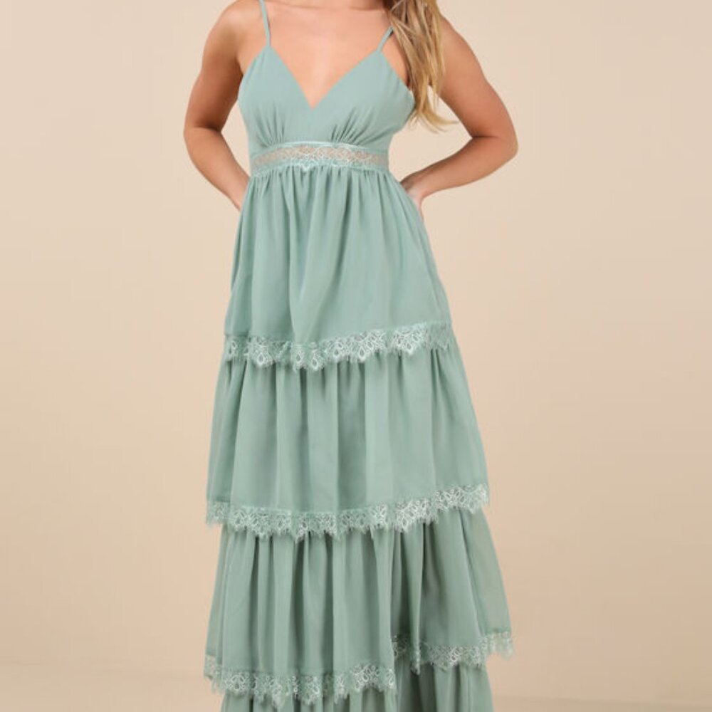 Lulus Reed Sage Tiered Lace Maxi Dress Green - Size XL